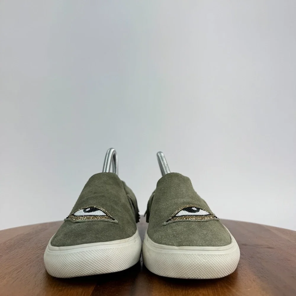 Womens Figue Olive‎ Suede Beaded Eye Fringe Slip On Shoes Sneakers Size 37 US 6